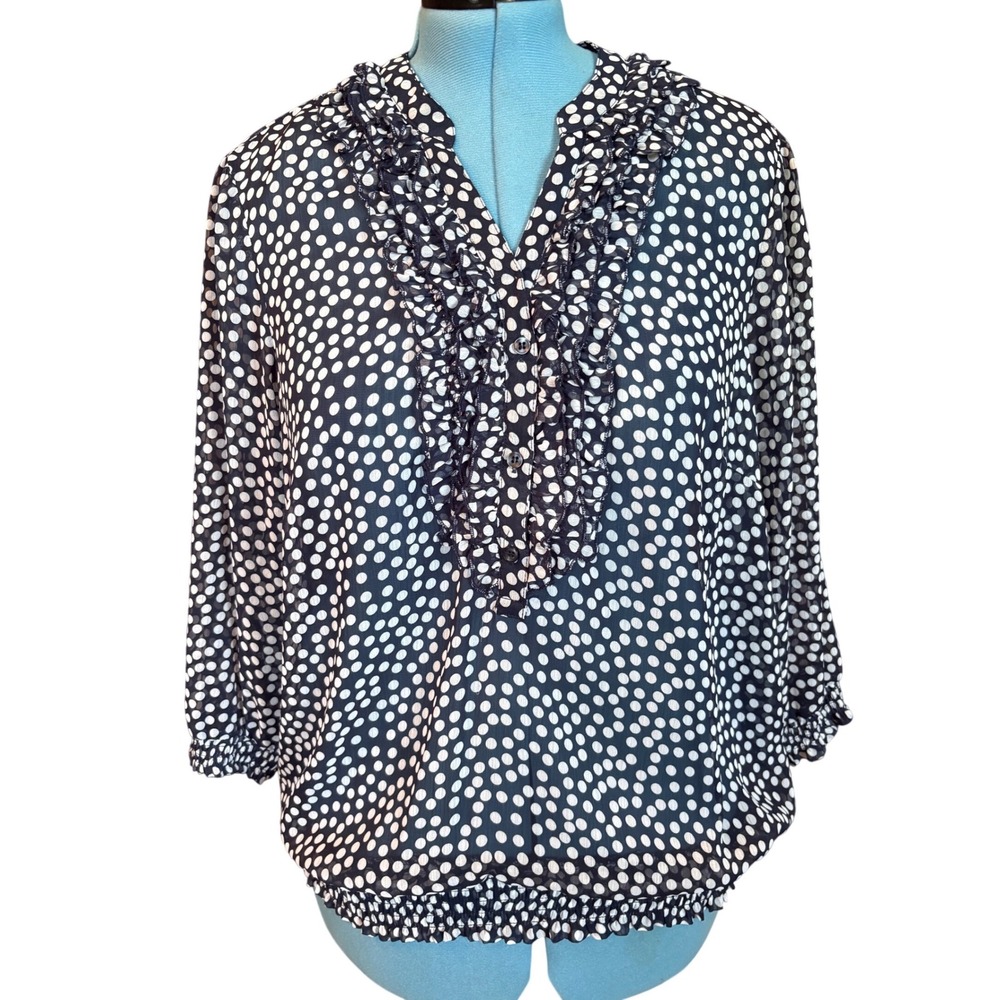 BFA Classics Navy Blue White Polka Dot Ruffle Blouse 18W Smocked Hem Top Vintage